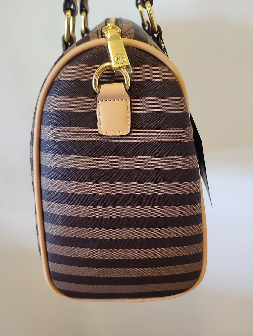 Adrienne Vittadini Brown Striped Satchel with Tan Trim - Picture 3 of 11